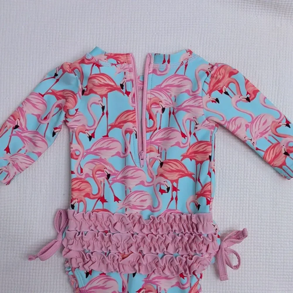 RUFFLEBUTTS Tropical Flamingo Print One-Piece 0-3m Baby Rashguard Ruffles